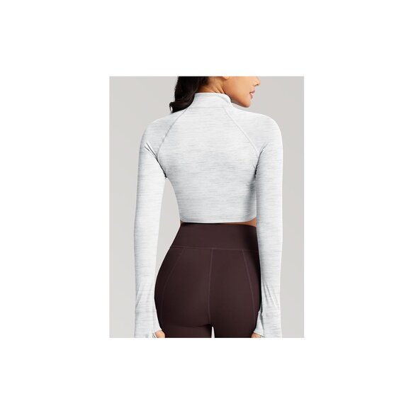 Fitted Cropped Zip Hoodie Jacket Thumb Holes Gray White L - Picture 11 of 12